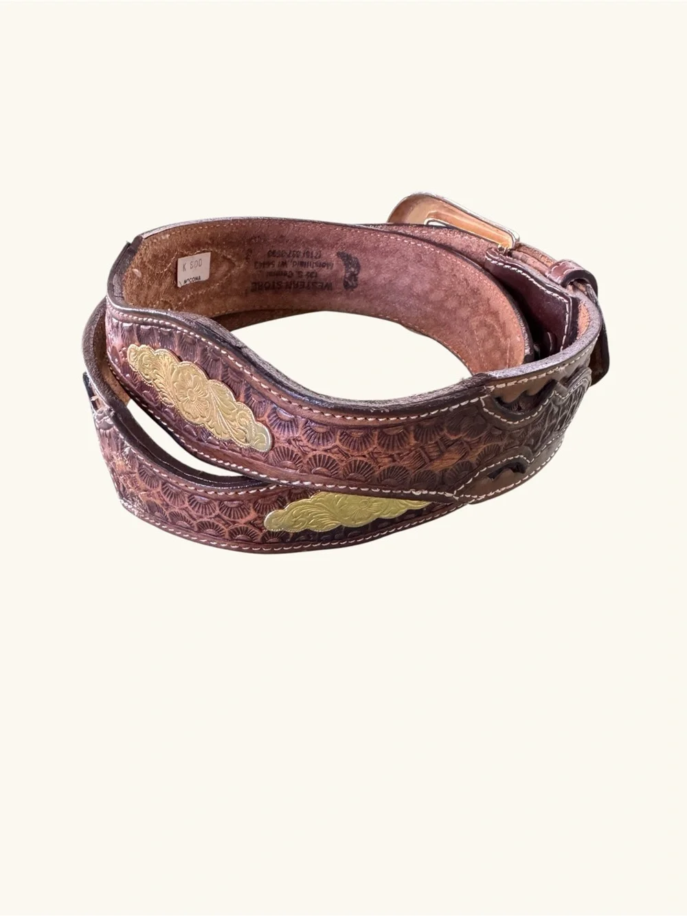 Vintage Nocona Western Tooled Leather Belt Gold Floral Conchos Engraved Buckle